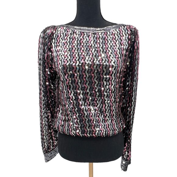 Vintage Marshall Rousso‎ Pink Silver All Over Sequin Striped Blouse Medium - Picture 1 of 6